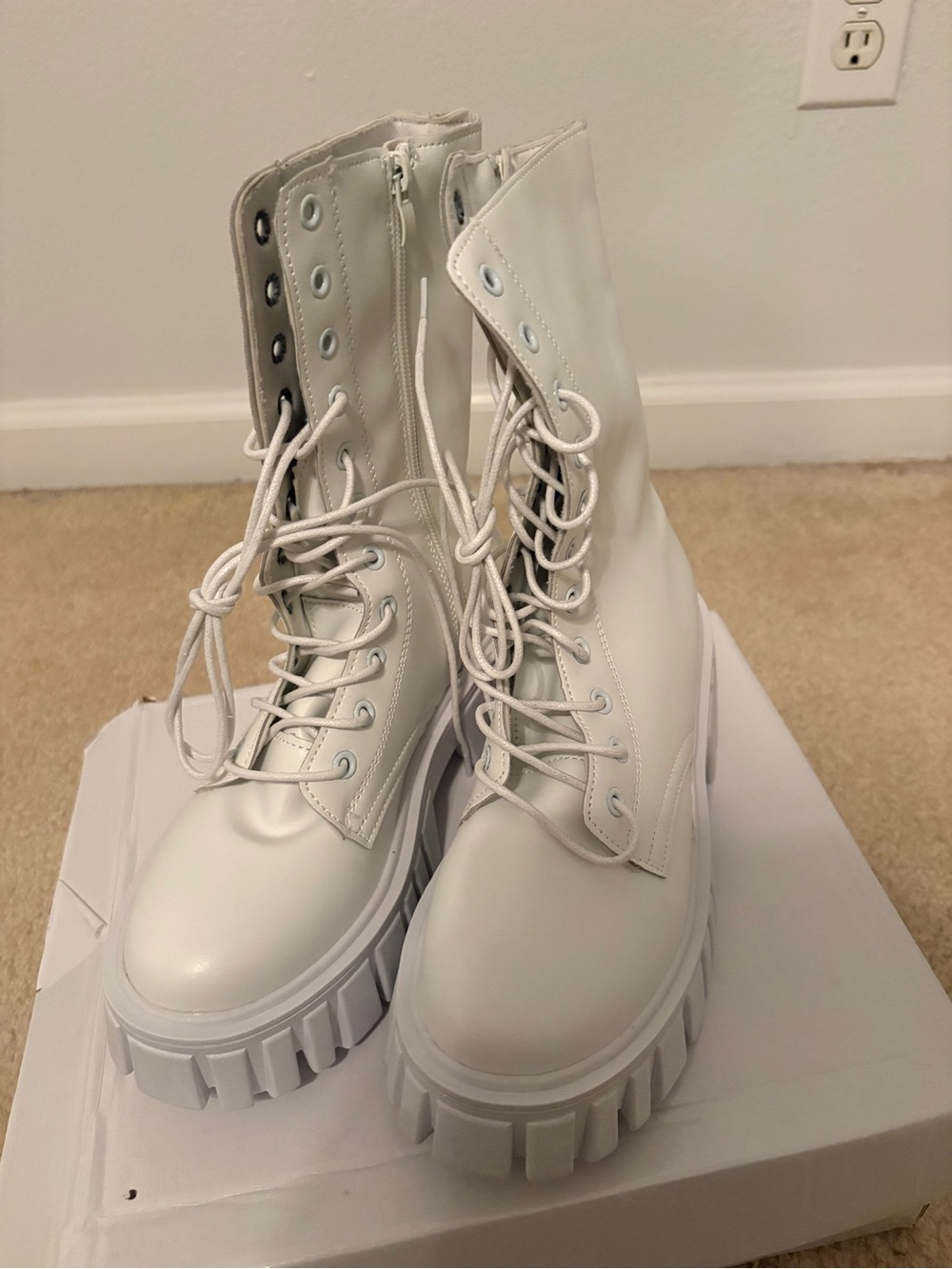 White Chunky Lace-Up Combat Boots - Women